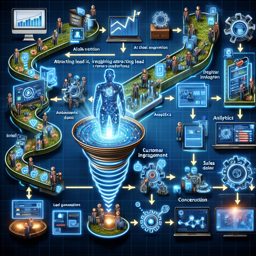 Realistic depiction of an AI sales funnel process showing lead generation, customer engagement, and sales conversion.