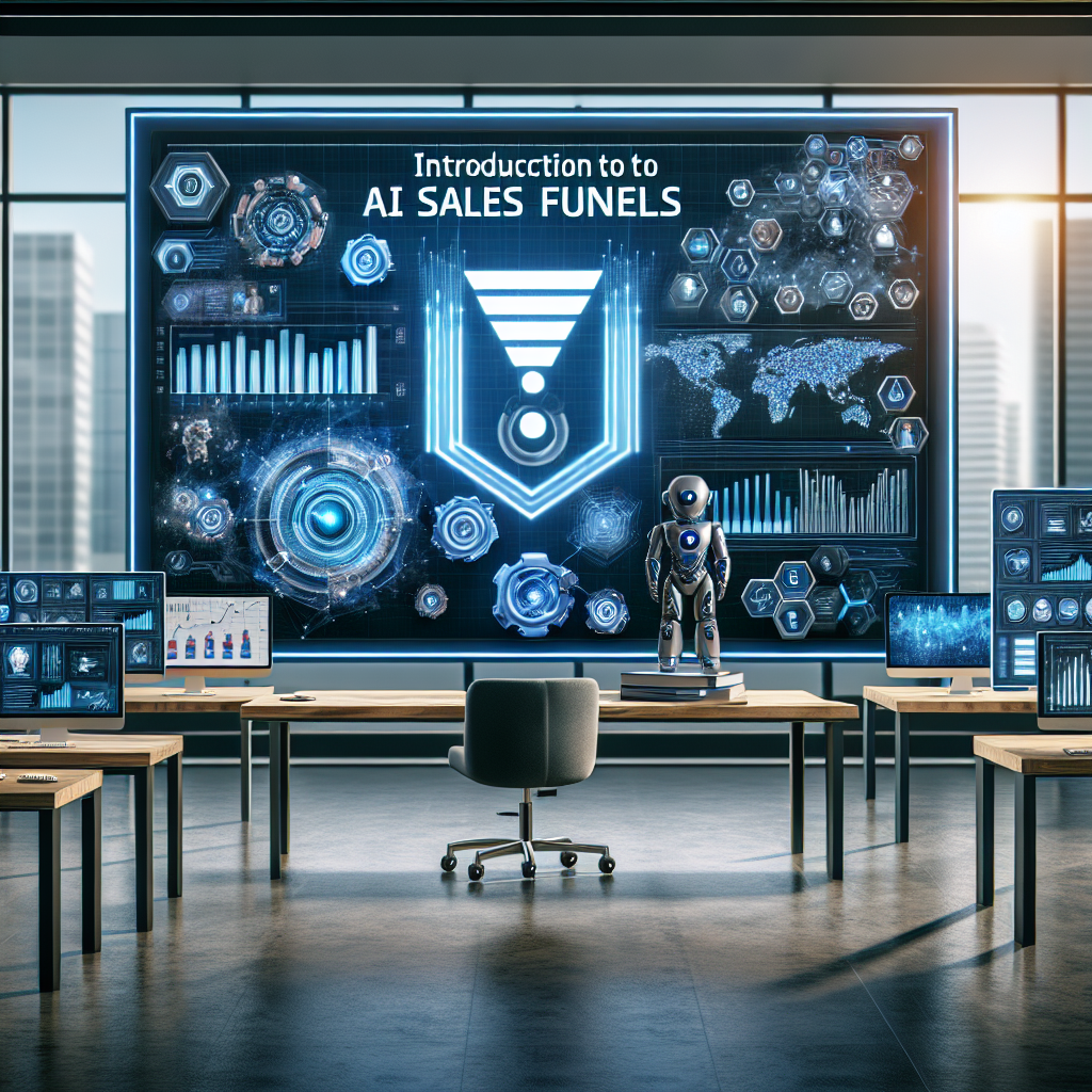 A professional illustration showcasing AI sales funnels in a modern high-tech setting.