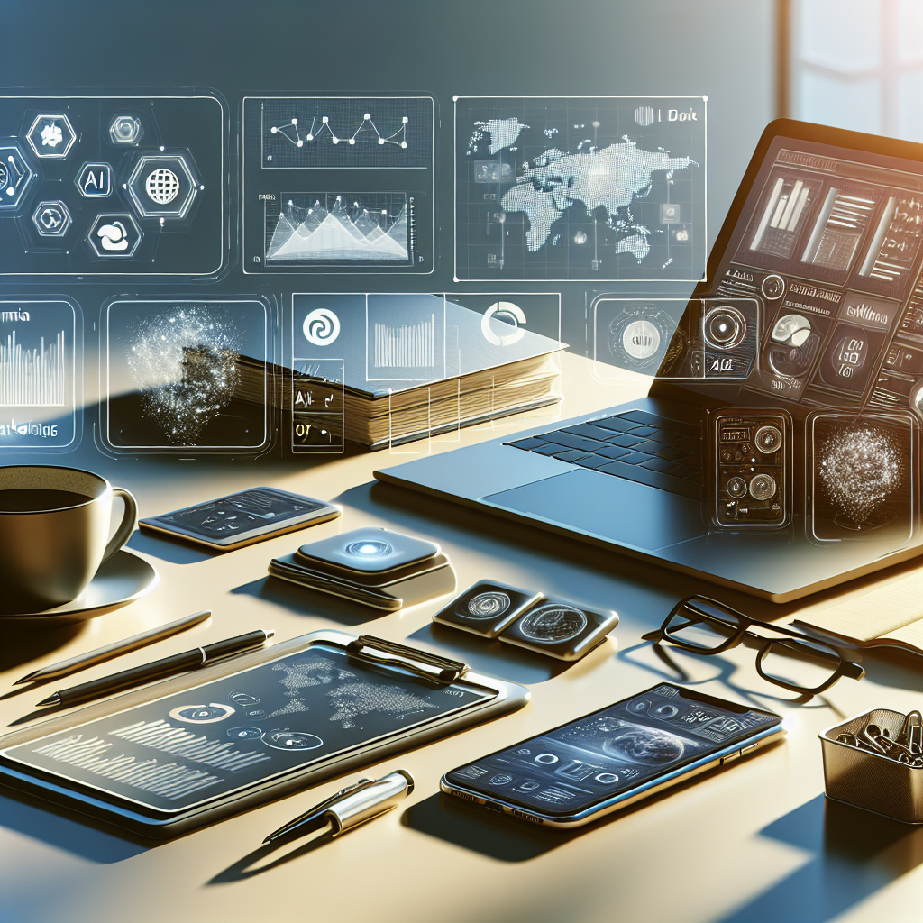 Modern office desk with AI marketing tools.