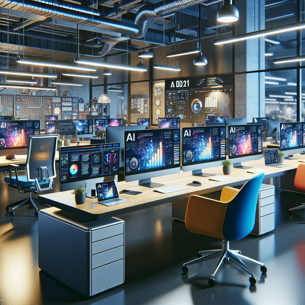 A modern office workspace with advanced AI marketing tools.