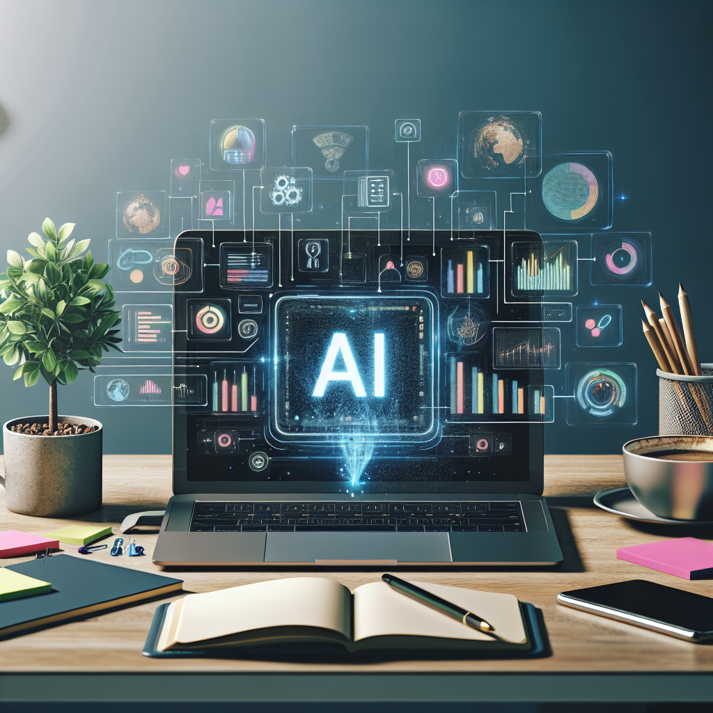 A modern workspace with a laptop showing an AI marketing dashboard, surrounded by a smartphone, coffee, sticky notes, and a plant.