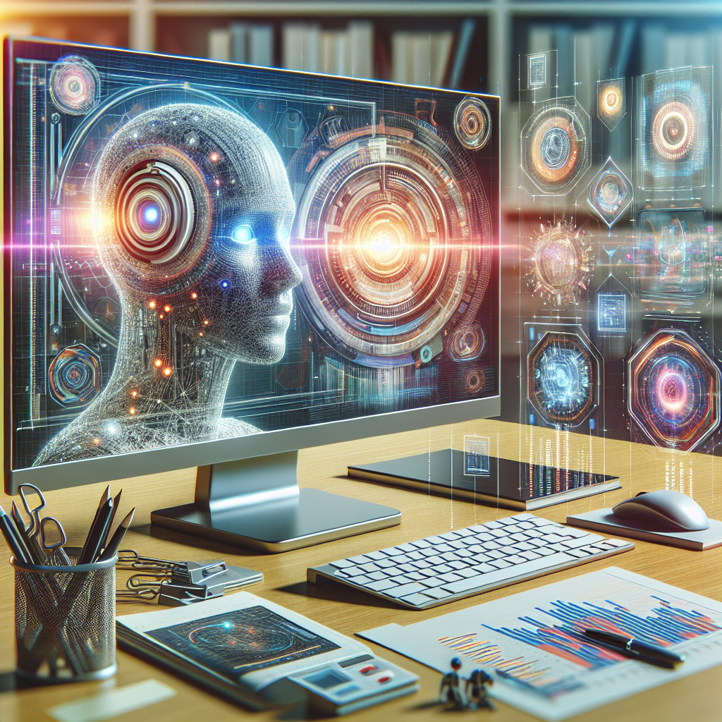 Realistic depiction of AI marketing tools in a modern office setting.