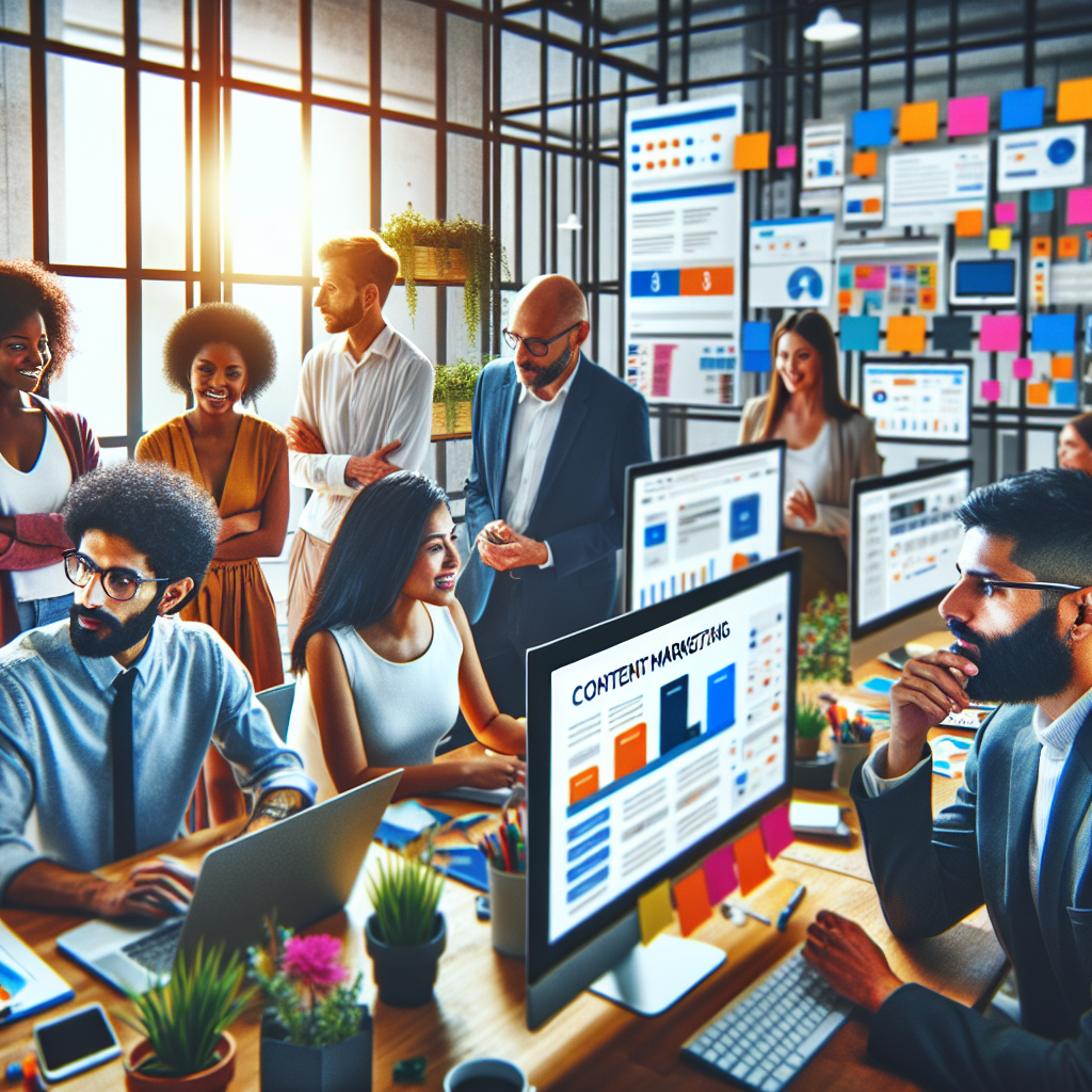 A team of professionals engaged in content marketing activities in a modern office setting.