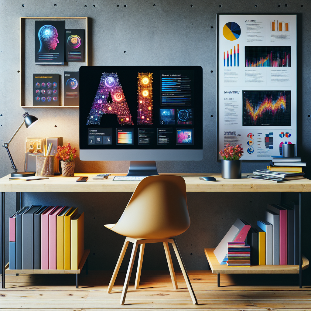 A realistic image of AI content marketing with a computer, graphs, brochures, and a modern workspace.