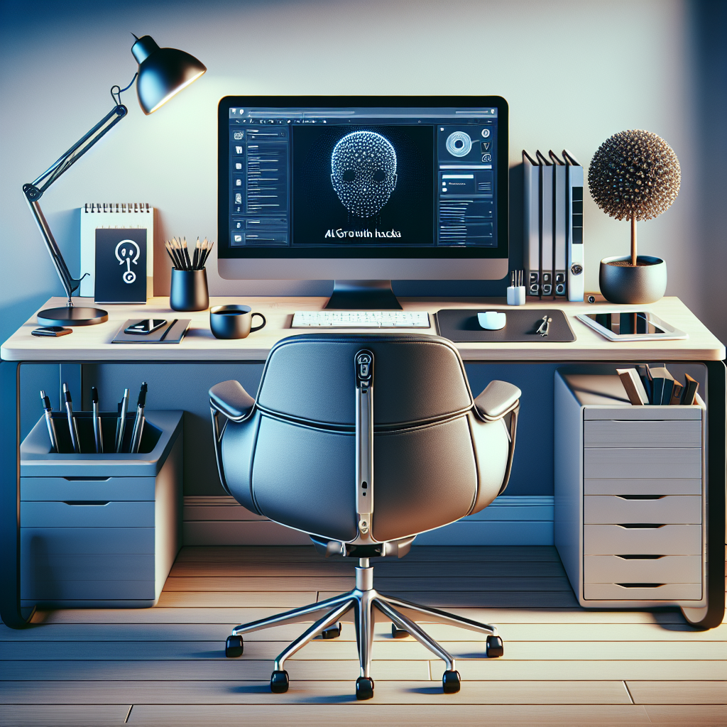 A modern workspace with a computer displaying a webpage on AI growth hacks.