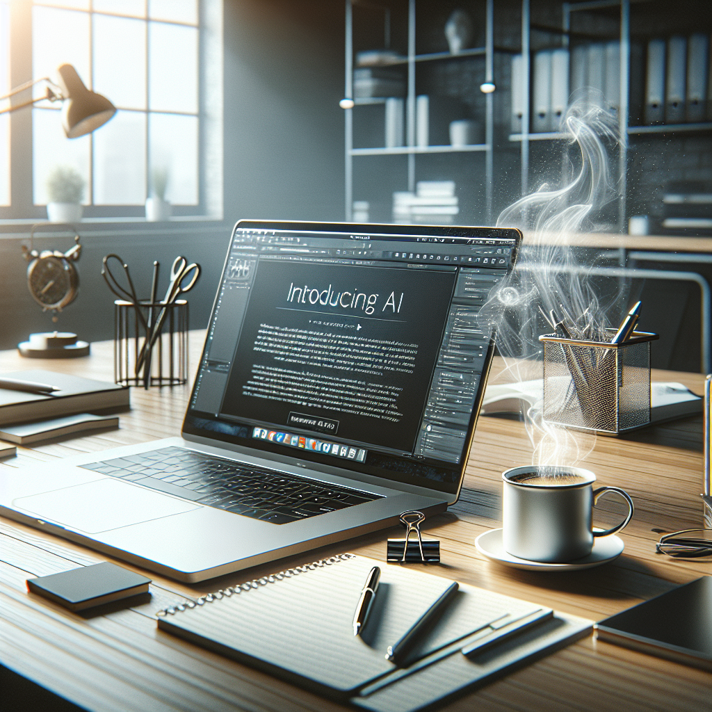 A realistic depiction of a workspace featuring an open laptop, notebook, and coffee mug, suggesting productivity related to AI copy-editing services.