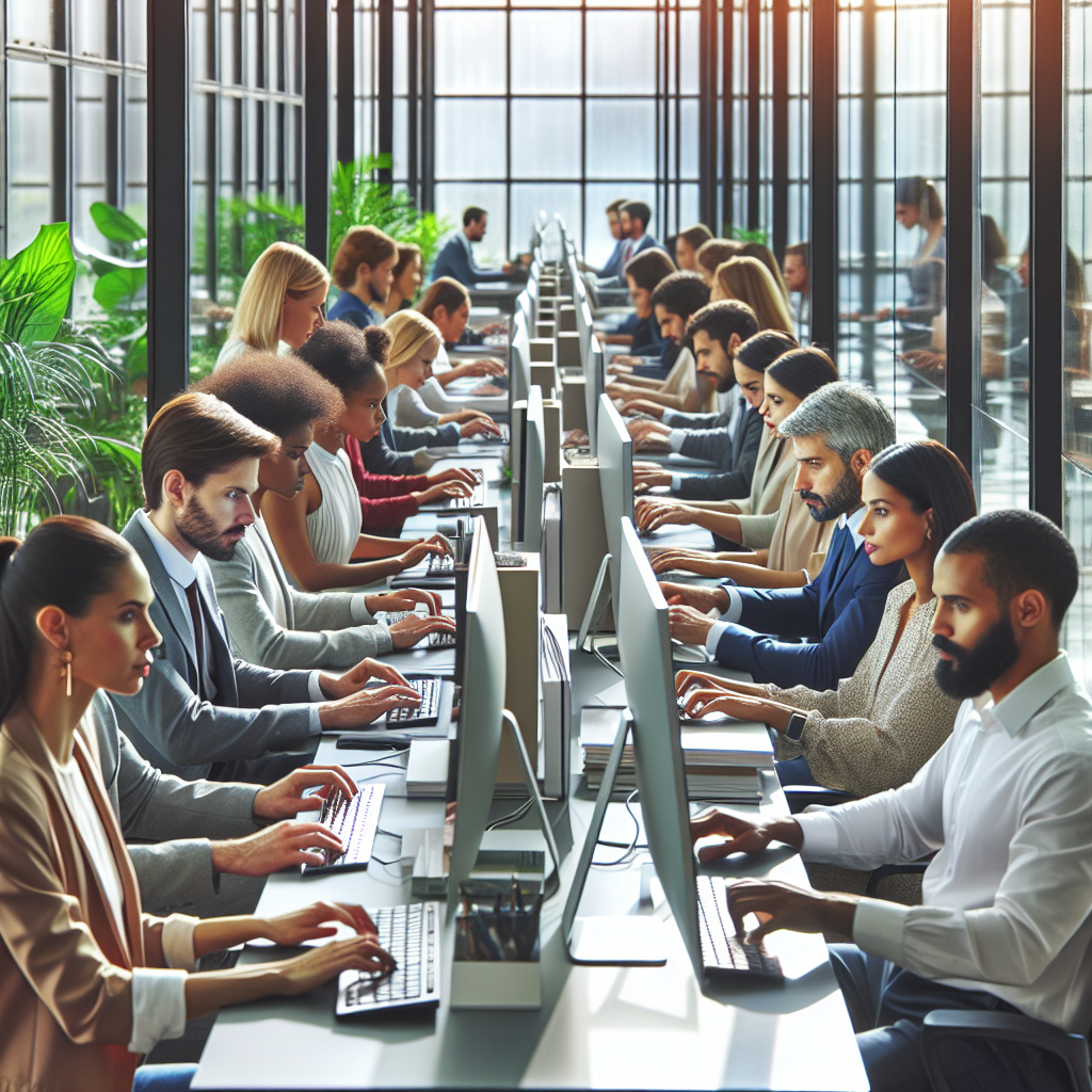 A modern collaborative workspace with professionals editing an article, illustrating AI copy-editing services.