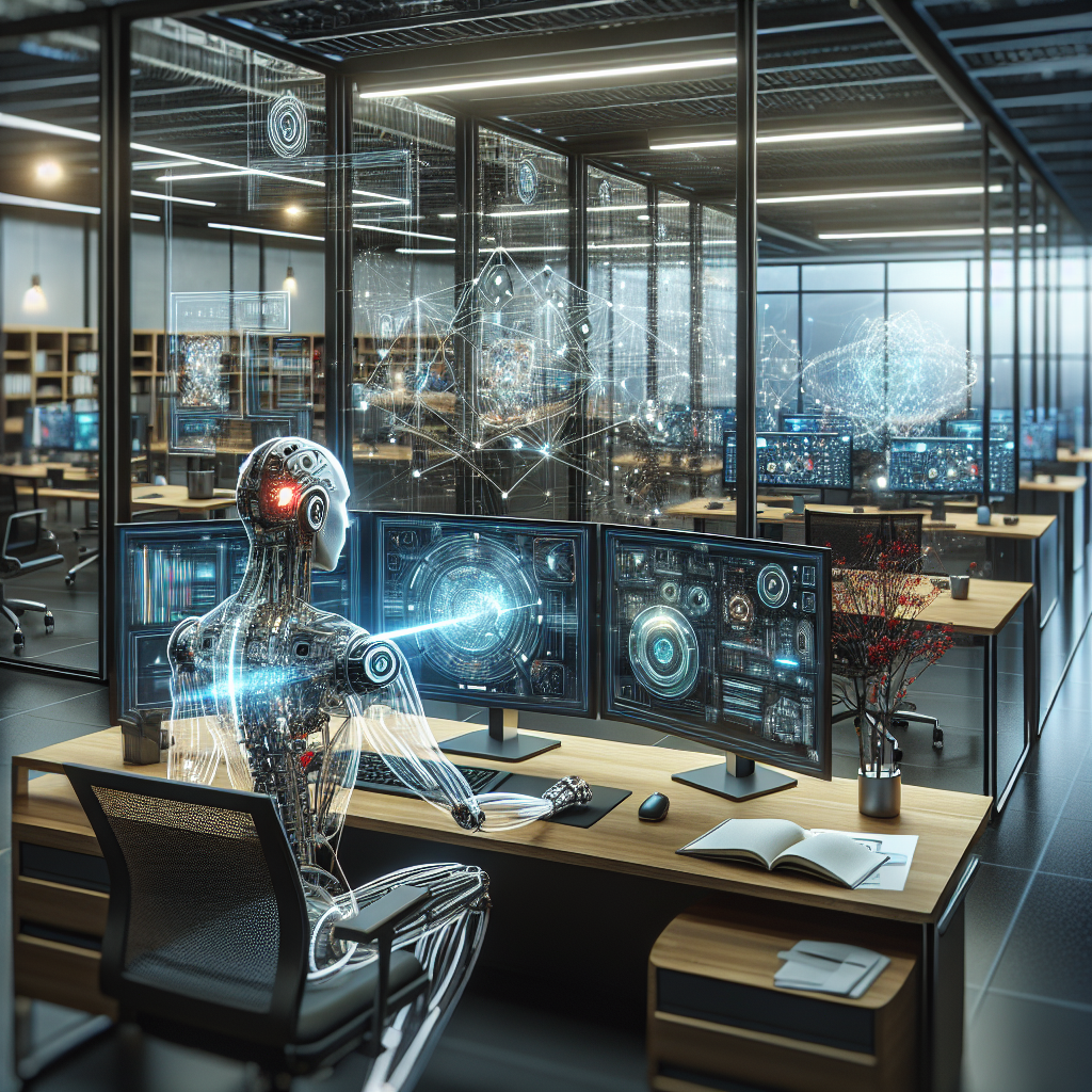 Advanced AI workstation with futuristic holographic interfaces.