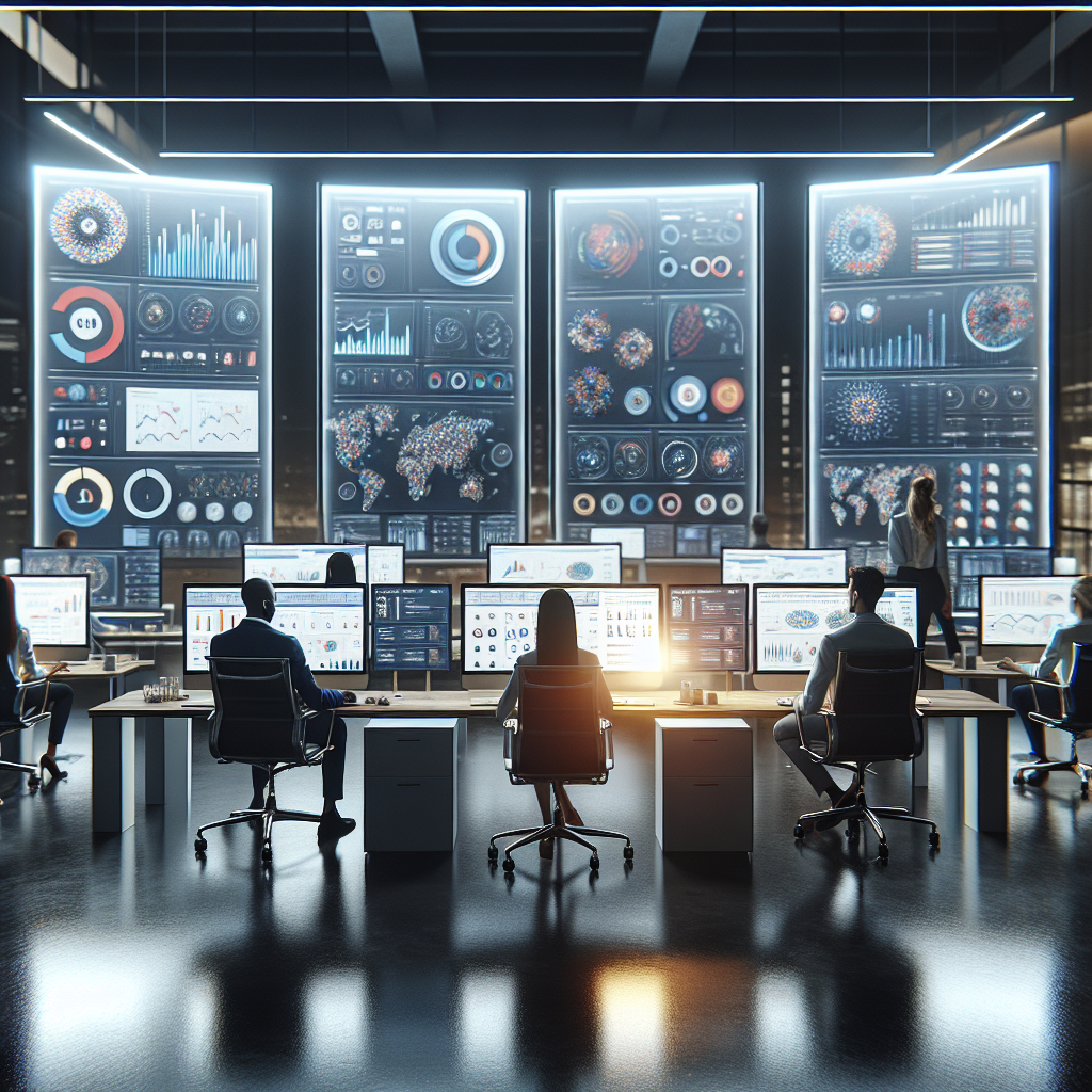 A realistic depiction of a modern office with a high-level marketing automation setup, featuring computers showing analytics and dashboards, and people collaborating.