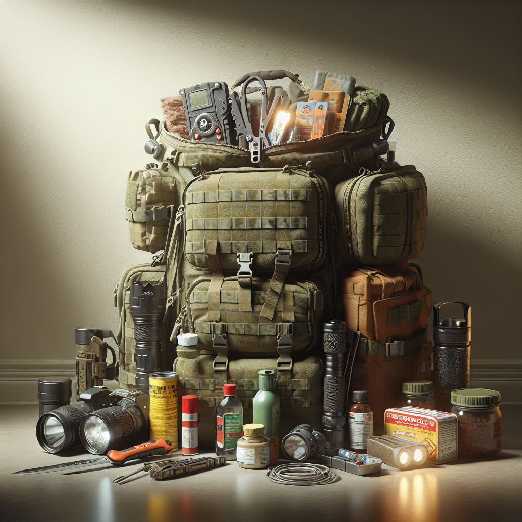 A realistic image of a comprehensive SHTF preparedness kit including a military green backpack, survival tools, and medical supplies in a neutral indoor setting.