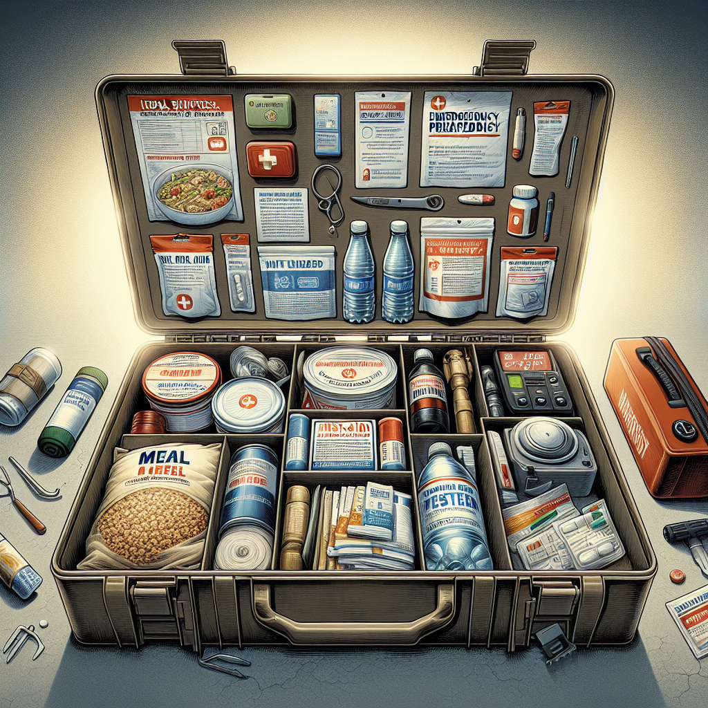 An open SHTF preparedness kit with essential emergency items like food, water, first-aid kit, flashlight, multi-tool, and radio.