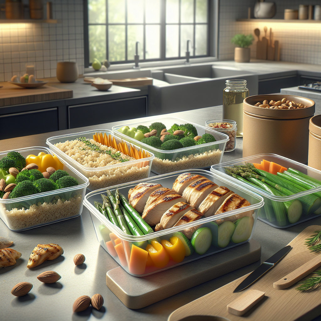 Realistic meal prep scene for muscle gain with high-protein foods in a modern kitchen.