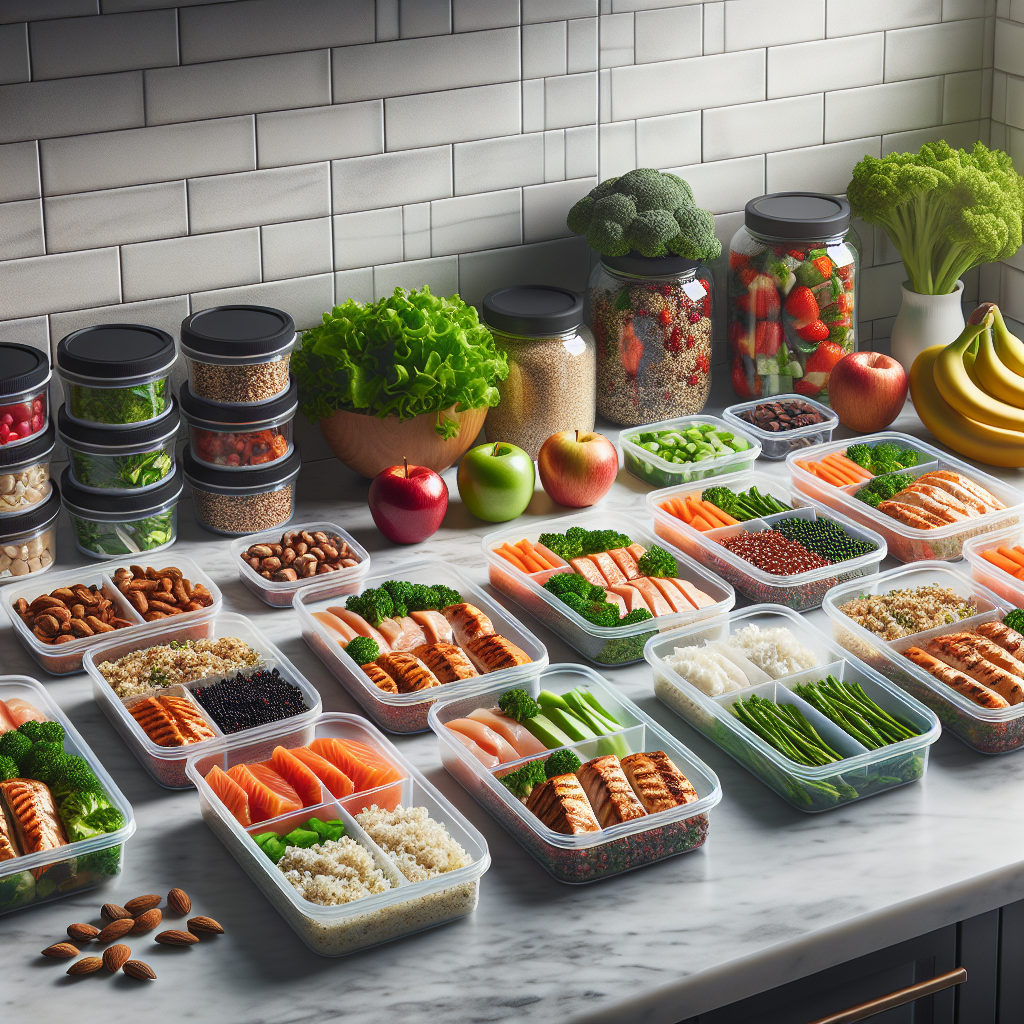 A realistic meal prep station with high-protein foods such as grilled chicken, salmon, quinoa, vegetables, and nuts.