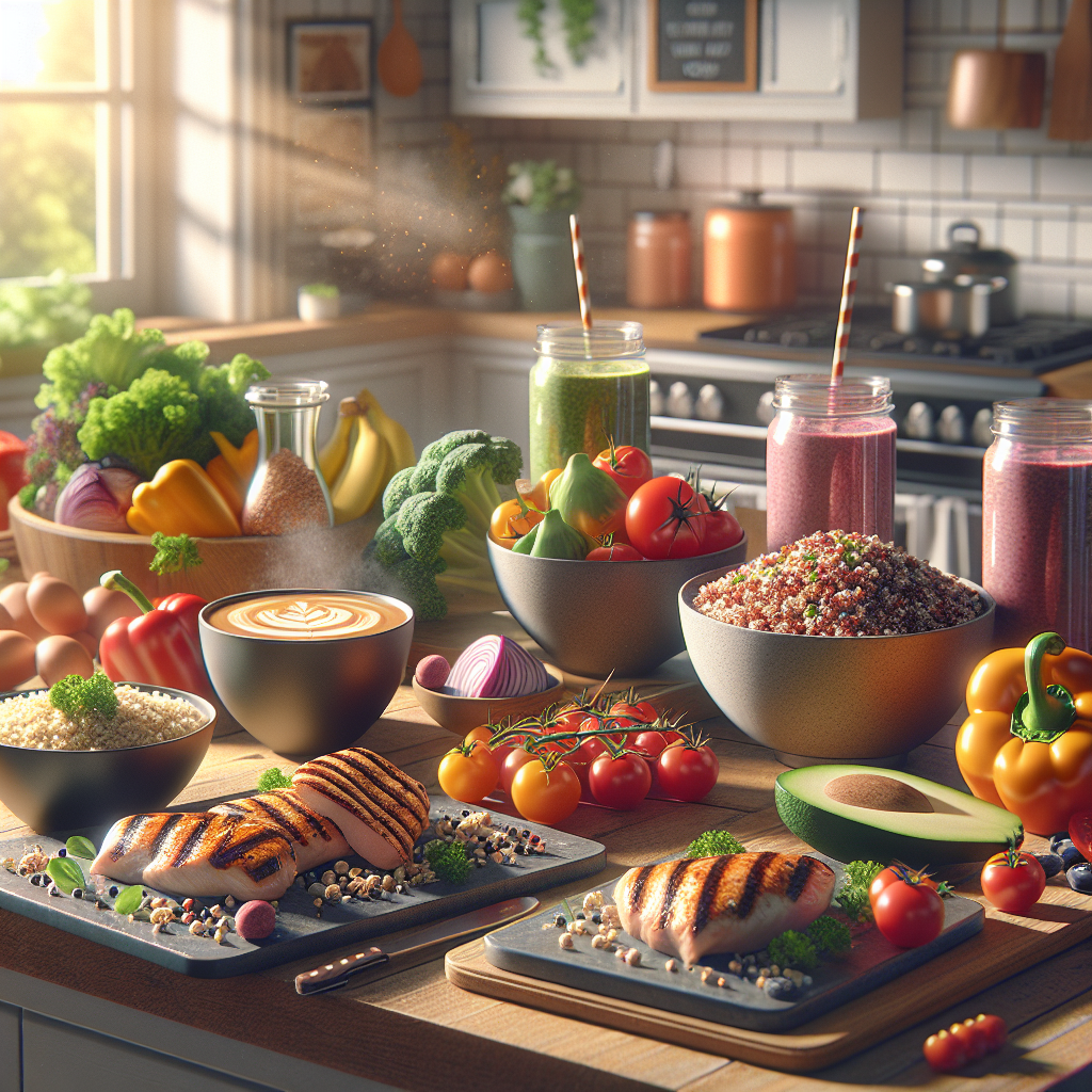 A realistic image of muscle gain meal prep with high-protein foods like chicken, quinoa, vegetables, and a smoothie bowl in a bright kitchen.