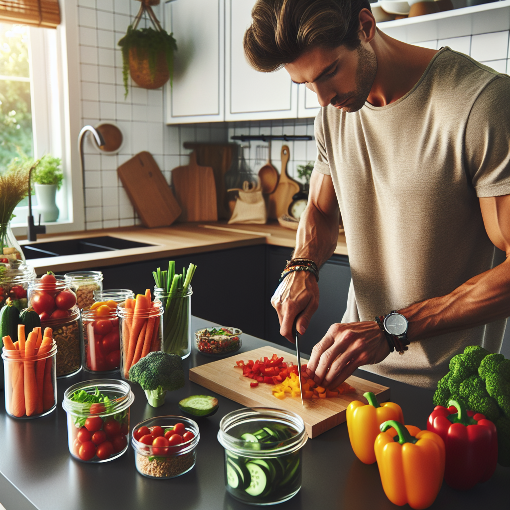 A realistic kitchen counter with fresh vegetables and fruits organized in glass containers, and a person chopping vegetables.