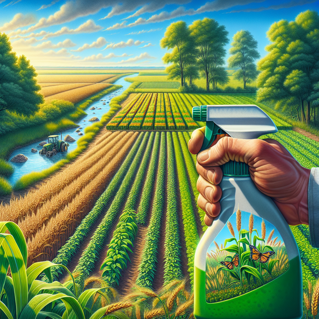 A realistic agricultural field with crops and a hand holding a herbicide spray bottle.