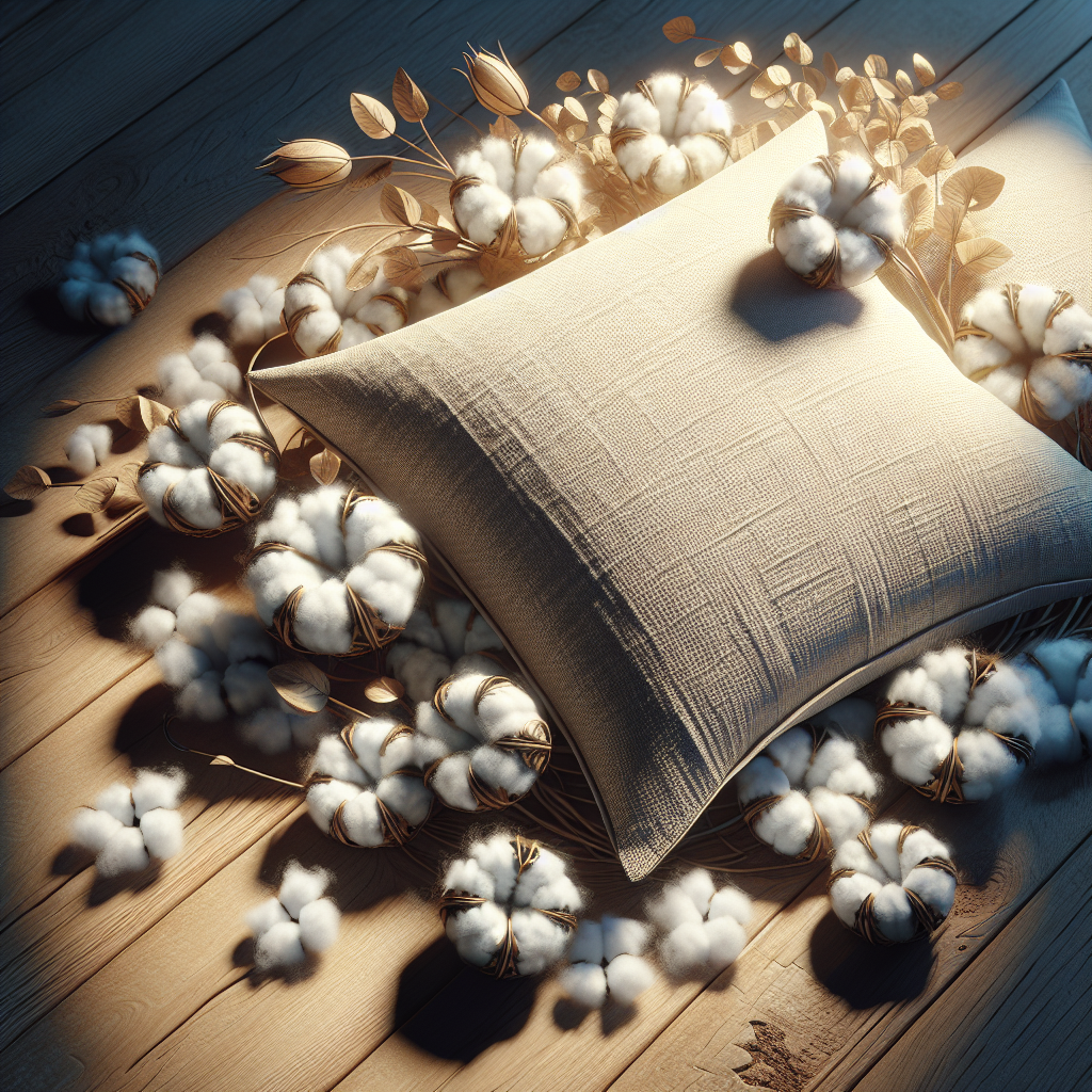 Realistic sustainable cotton pillows with organic textures.