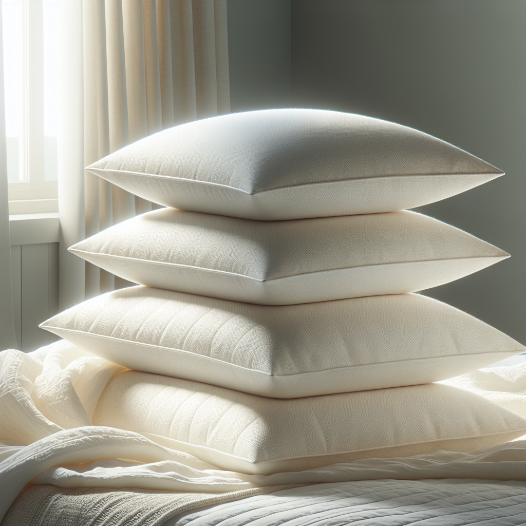 Stack of soft organic cotton pillows in a realistic home setting.