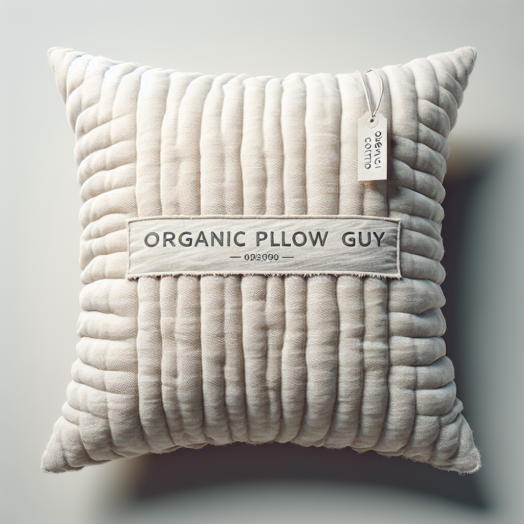 Realistic image of an organic cotton pillow with a branded tag, inspired by an example from OrganicPillowGuy.com.
