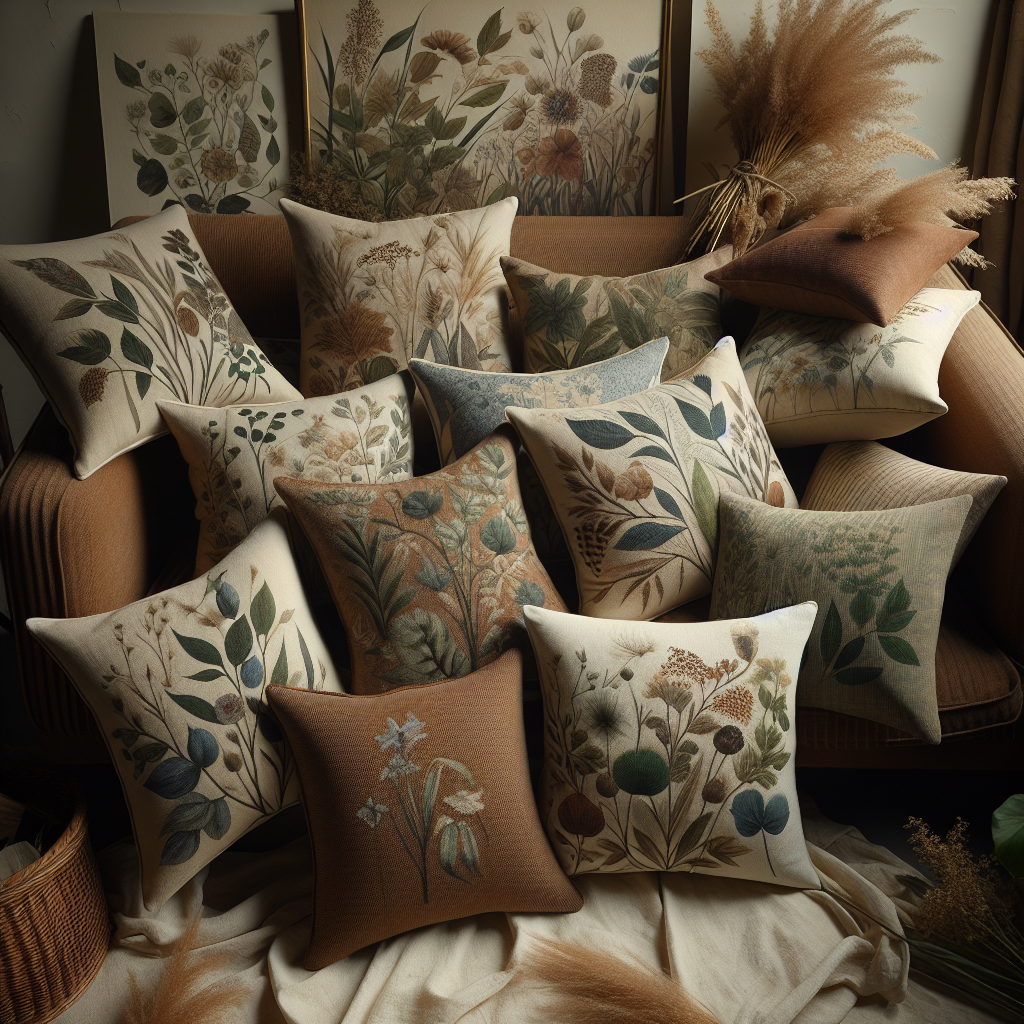 A variety of organic throw pillows with natural patterns on a couch.