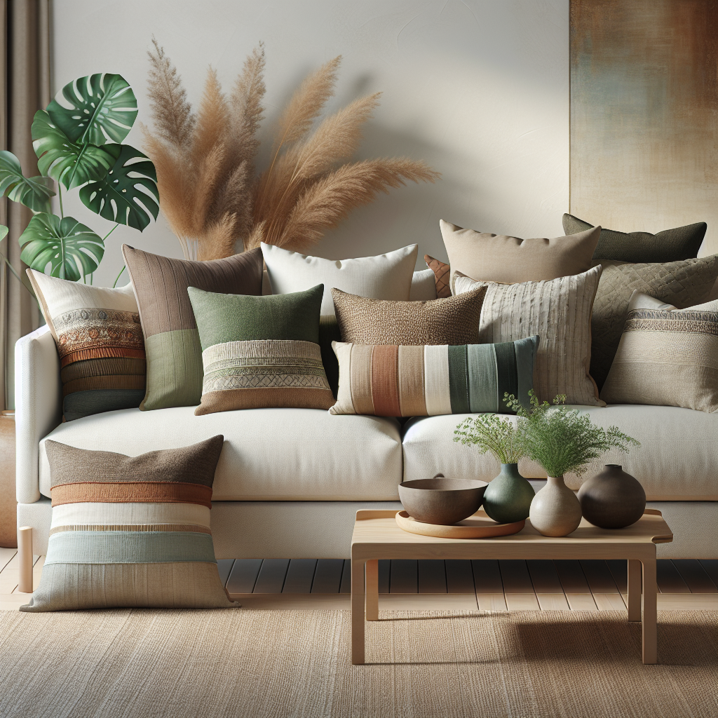 Realistic image of organic throw pillows on a modern sofa.