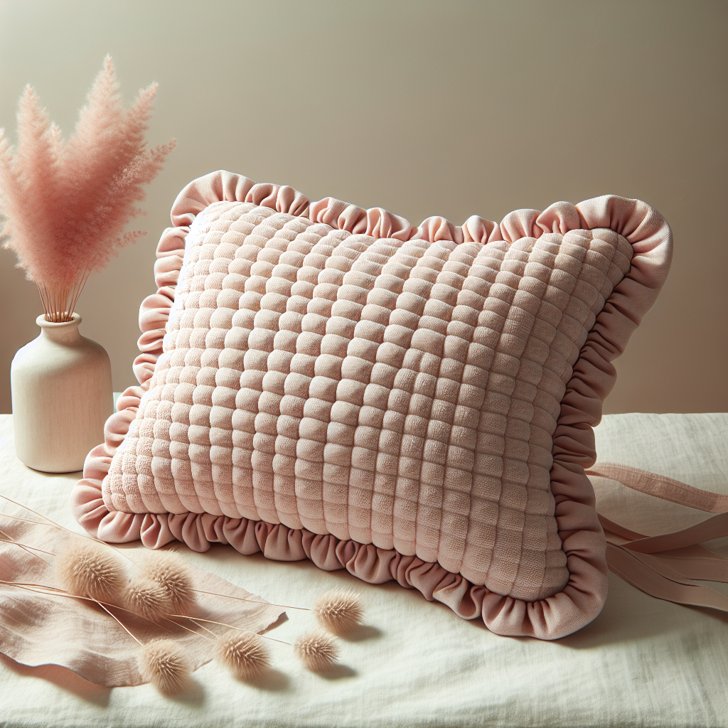 A light pink organic toddler pillow on a cozy background.