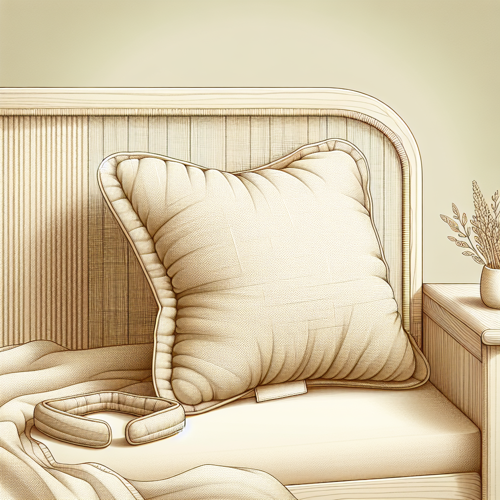 A realistic image of an organic toddler pillow on a neutral bed.