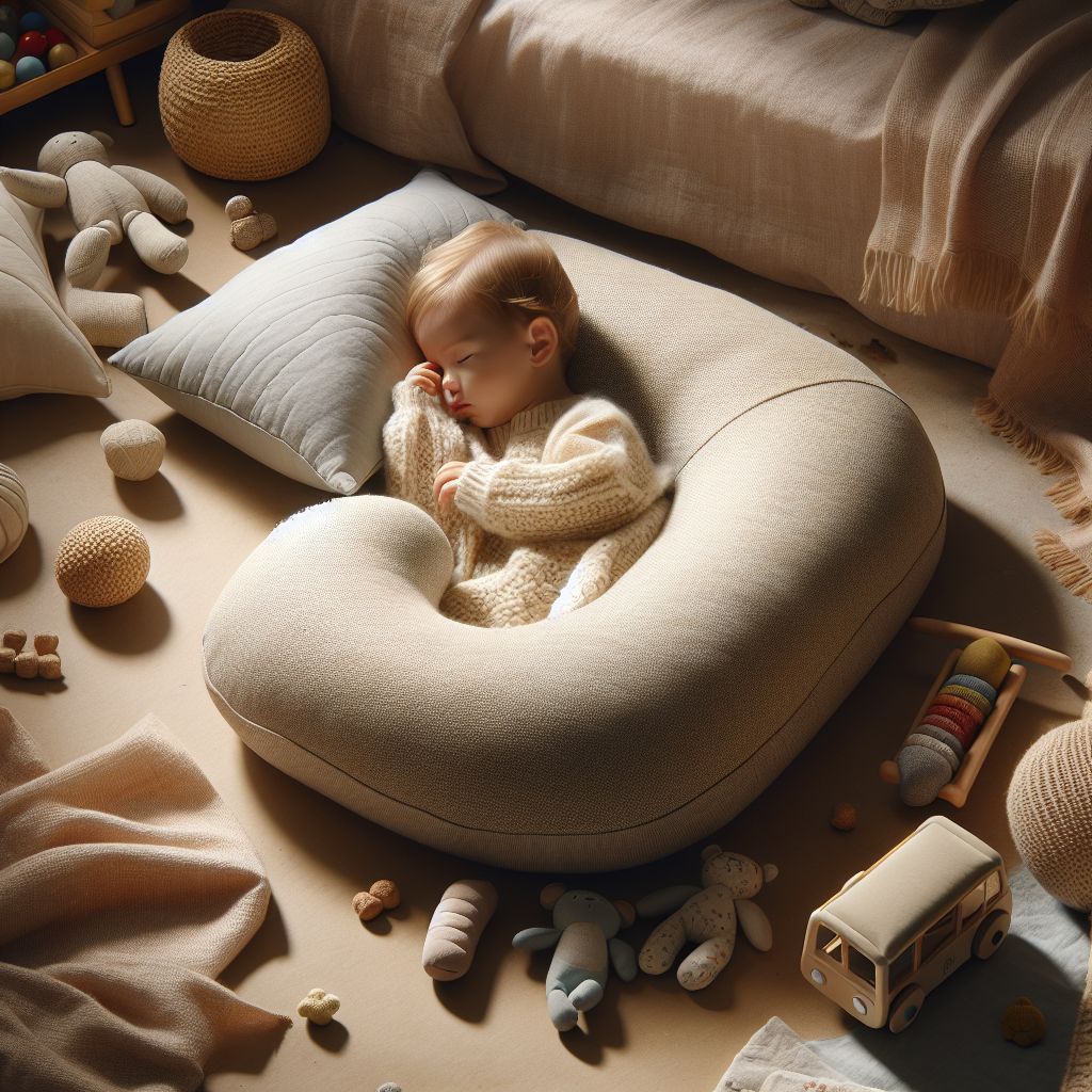 A realistic depiction of an organic toddler pillow with a cozy blanket and children's toys.