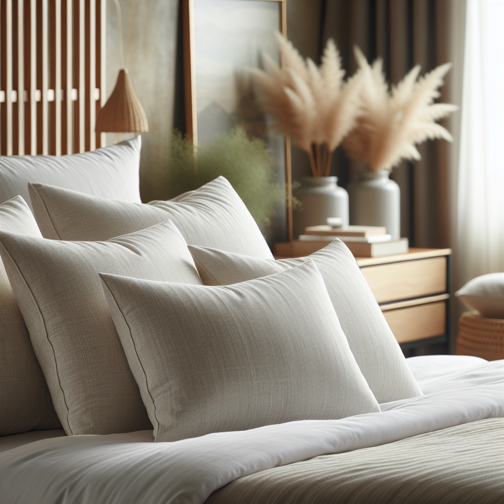 Hypoallergenic organic pillows on a neatly arranged bed in a cozy, well-lit bedroom.