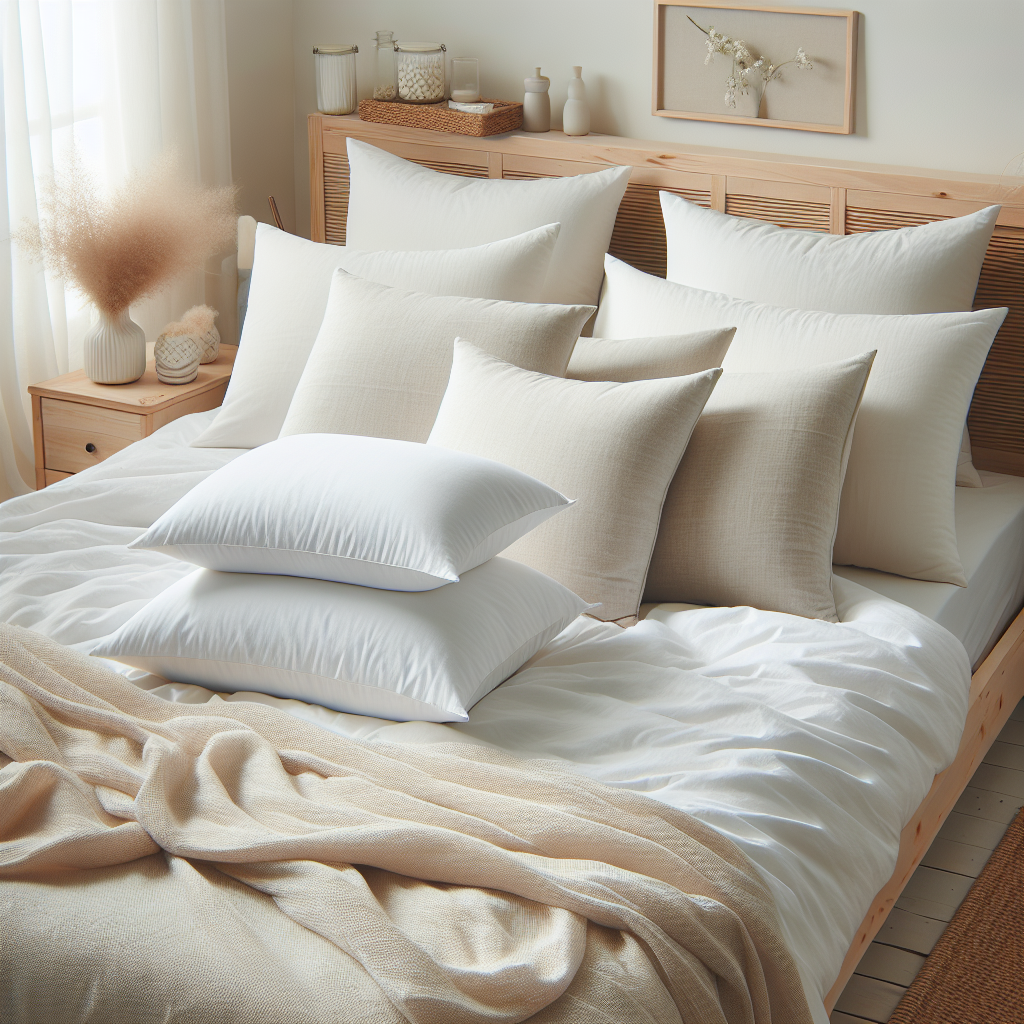 Hypoallergenic organic pillows neatly arranged on a bed in a cozy, clean bedroom setting.