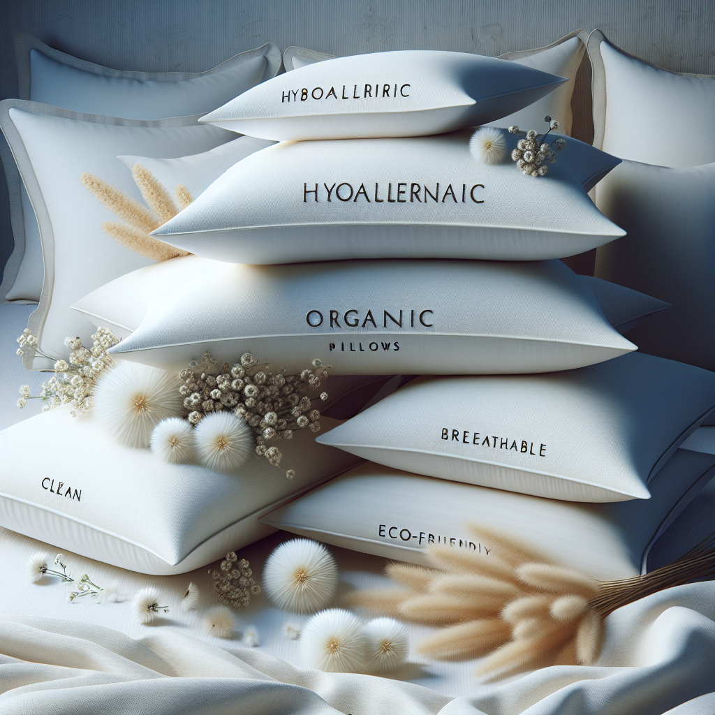 A realistic image of hypoallergenic organic pillows arranged neatly, highlighting their softness and eco-friendly materials.