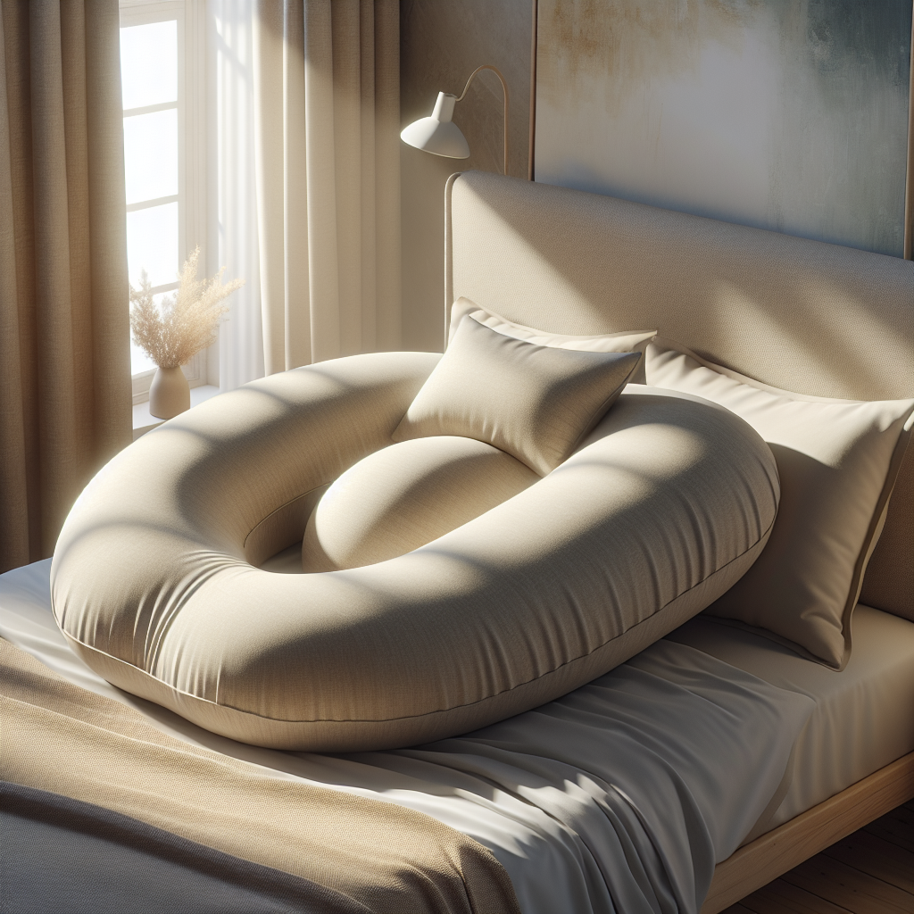 A realistic depiction of an organic pregnancy pillow in a cozy bedroom setting.