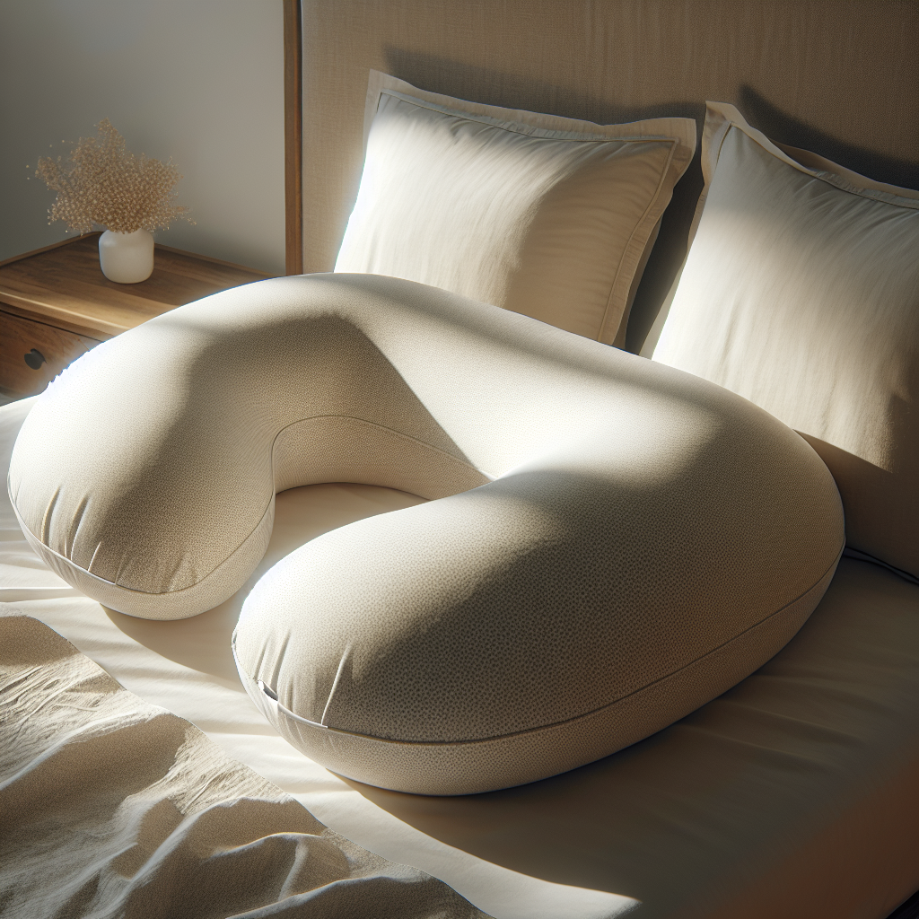 An organic pregnancy pillow on a bed, designed to support the body, with neutral bedding and natural lighting.