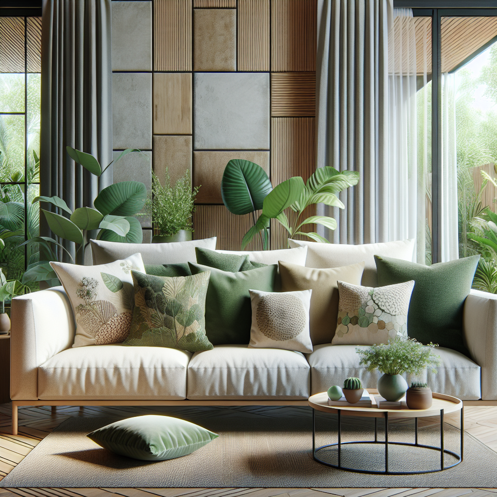 Realistic image of eco-friendly pillows on a cozy sofa in a modern living room with natural light.