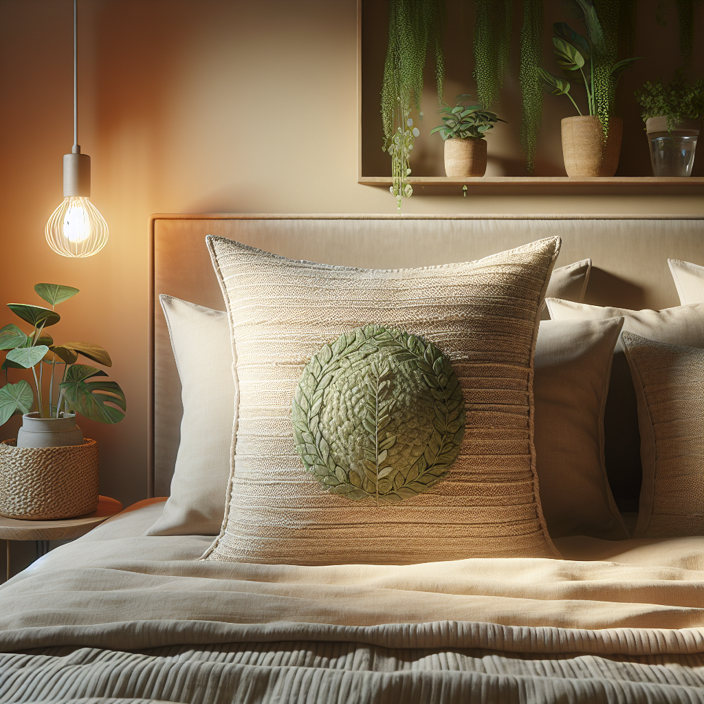 Eco-friendly pillow in a cozy bedroom with plants.