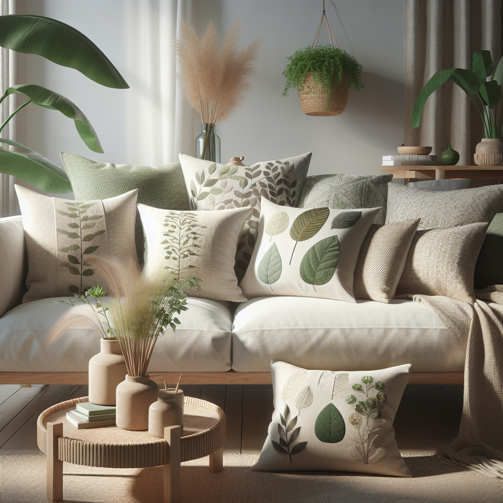 Eco-friendly pillows in a cozy living room.
