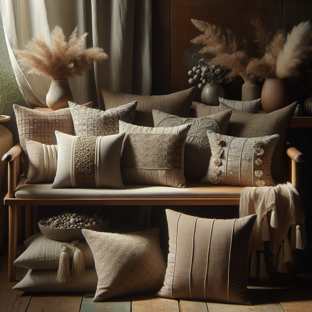 A realistic depiction of an organic pillow collection on a wooden bench with earthy tones and natural fabrics.