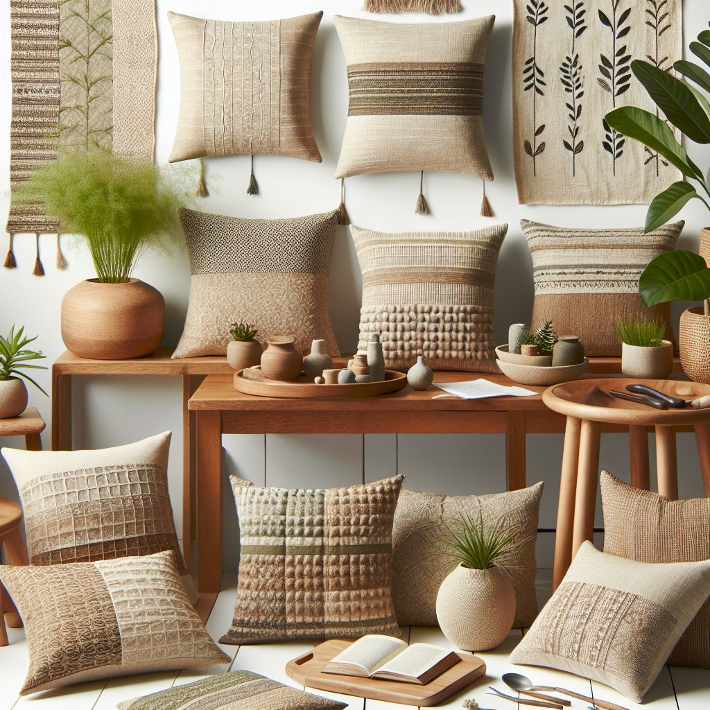 An image of an organic pillow collection with natural textures and earthy tones.