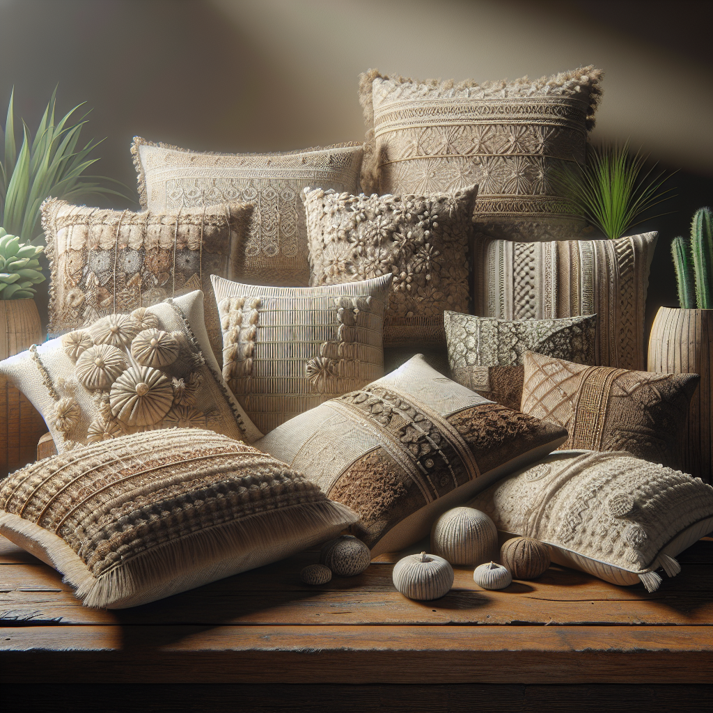 A realistic depiction of an organic pillow collection on a rustic wooden surface with nature elements in the background.