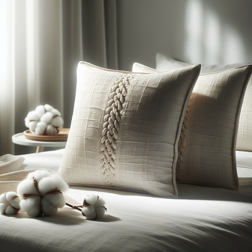 A realistic depiction of an organic cotton pillow on a white surface, emphasizing its soft texture and natural fabric details.