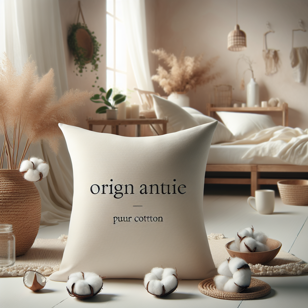 A realistic depiction of an organic cotton pillow in a clean, natural setting.