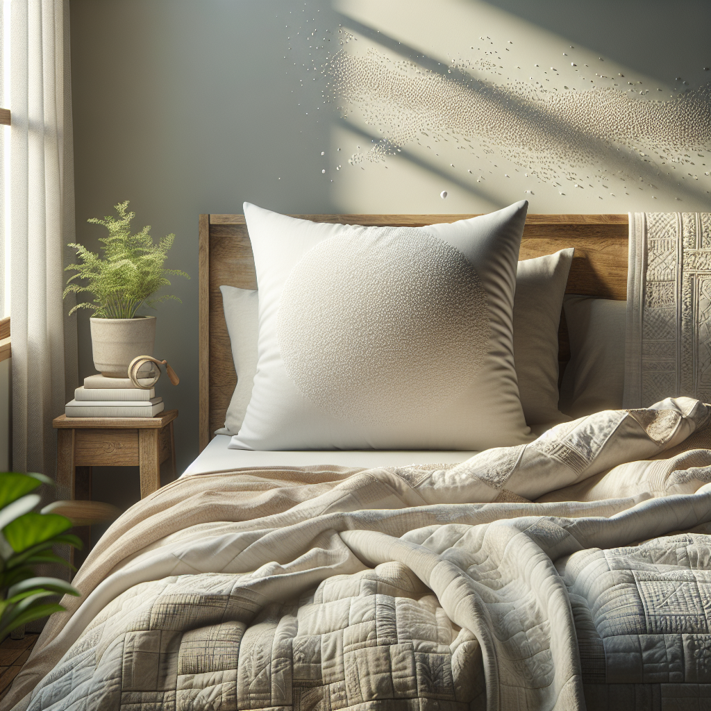 A realistic image of an organic cotton pillow in a cozy, natural setting.