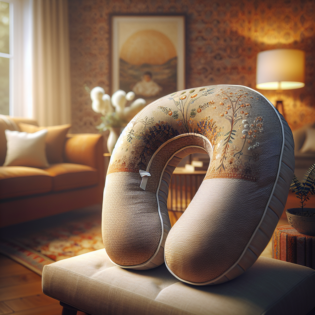 A realistic image of an organic nursing pillow in a cozy home setting.