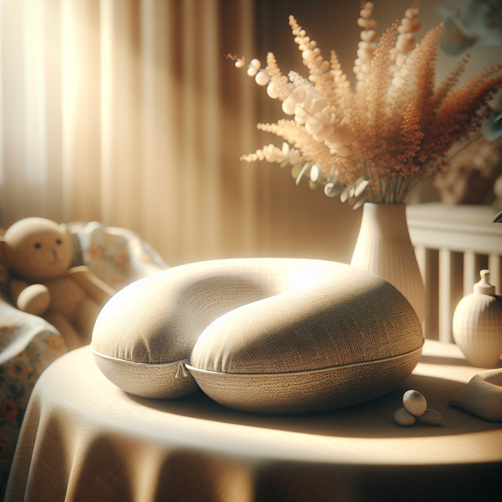 A realistic image of an organic nursing pillow in a cozy nursery setting.