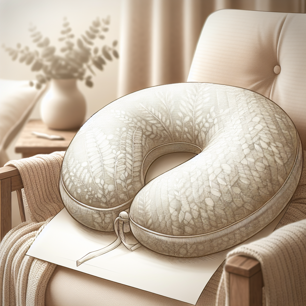 A realistic depiction of an organic nursing pillow in a cozy, well-lit environment.