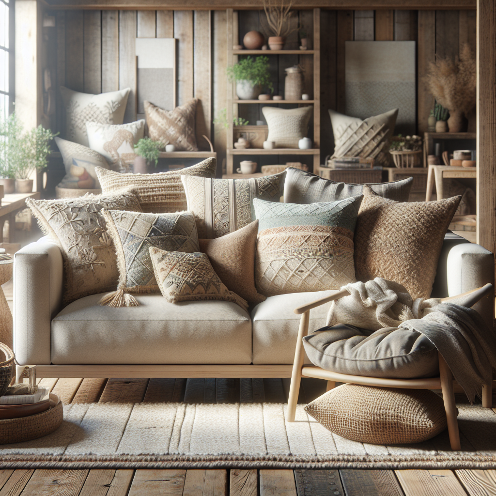 A cozy sofa adorned with organic throw pillows in a rustic living room setting.