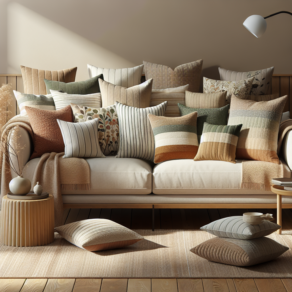 An arrangement of organic throw pillows on a couch, featuring various textures and patterns in earthy and pastel tones, creating a cozy living space.