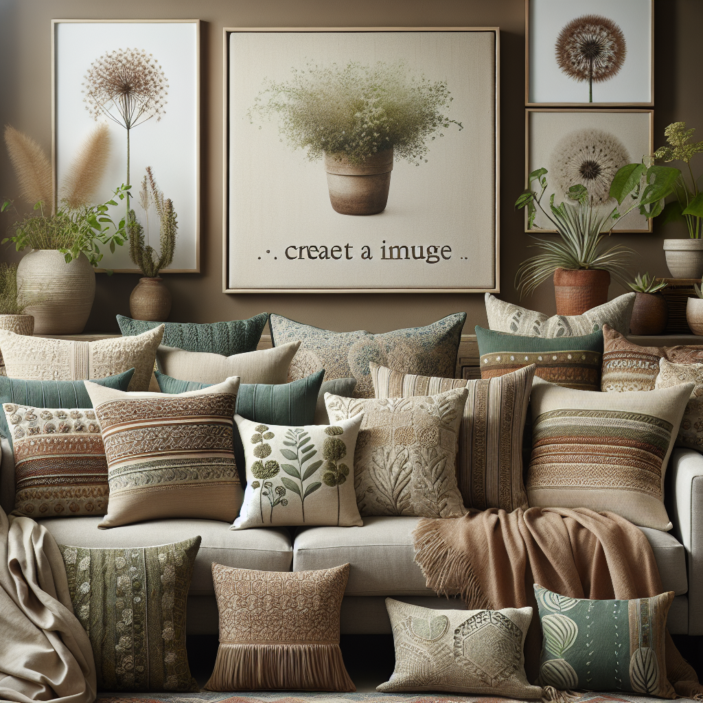 A realistic depiction of various organic throw pillows on a sofa, showcasing different textures, patterns, and vibrant earthy tones.