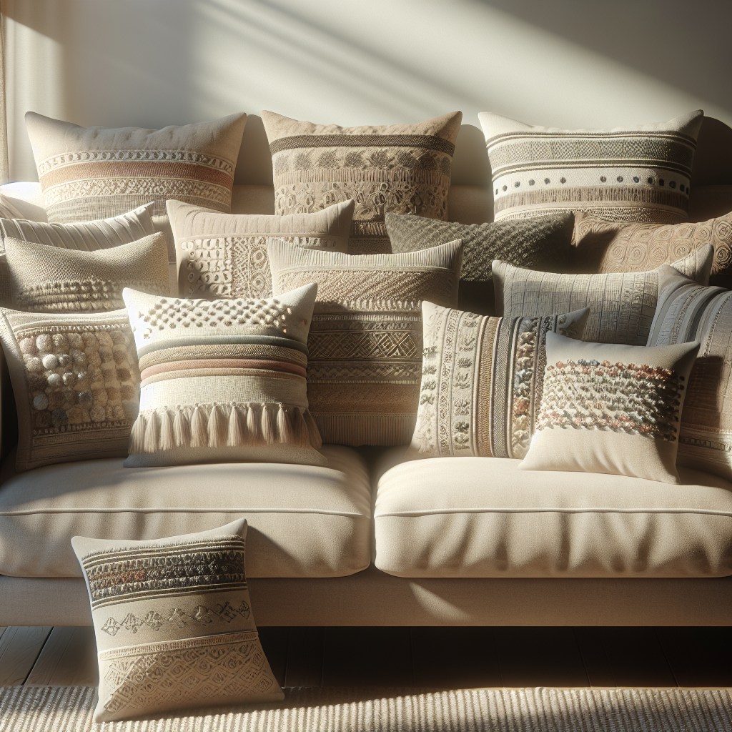 A collection of organic throw pillows arranged on a natural-fiber couch in a cozy living room setting.