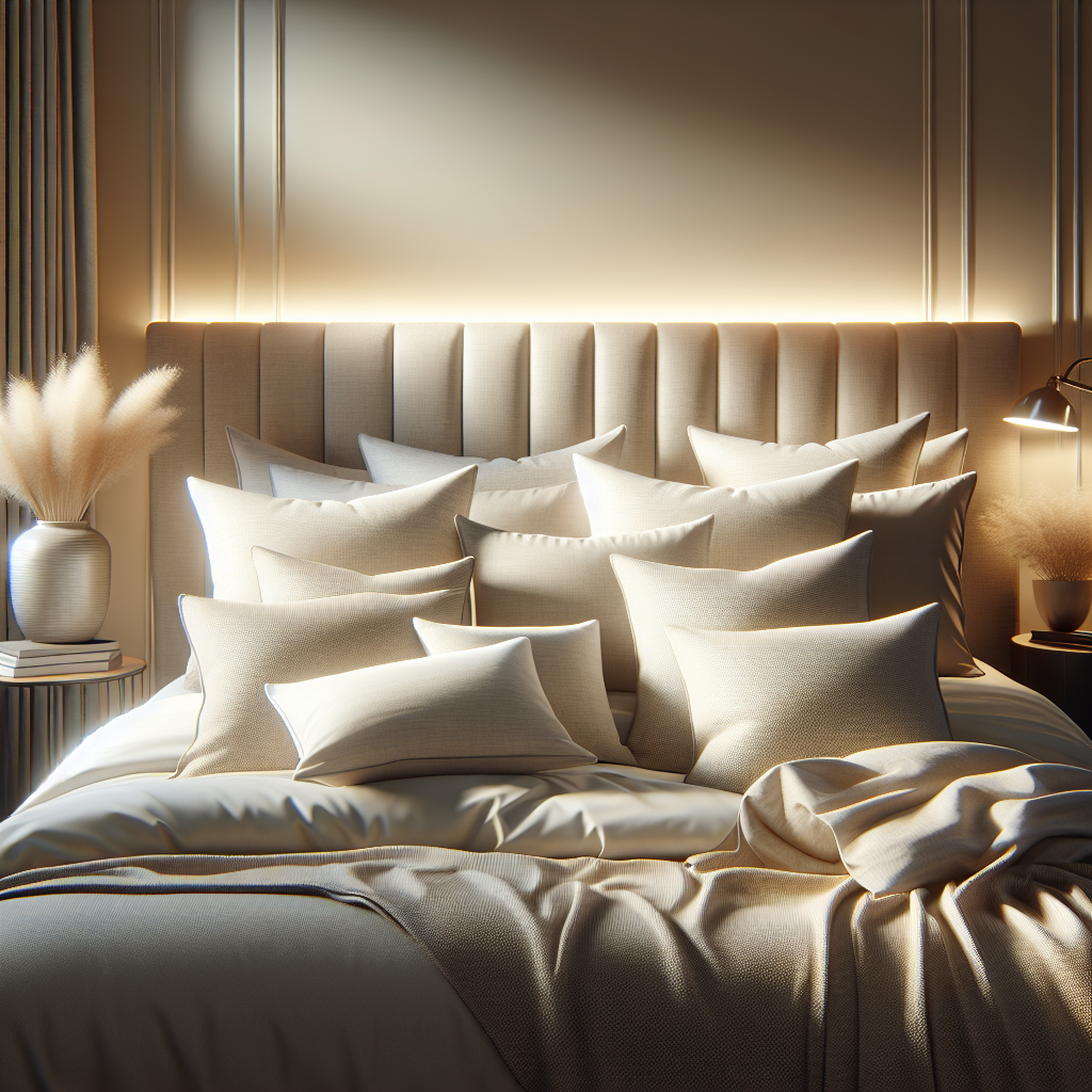 A set of premium organic pillows arranged on a stylish bed in an elegant bedroom.